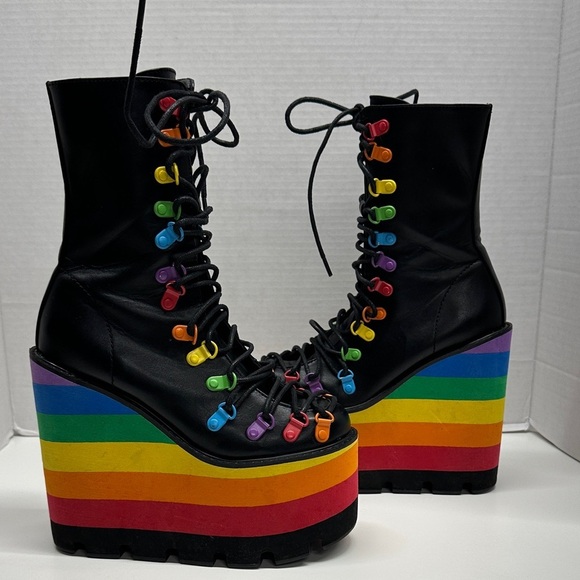 club exx Shoes - Dolls Kill Club Exx Rainbow Platform Boots Lace Up Heeled Boots Colorful Size 6